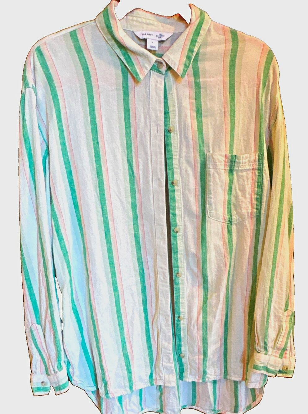 Old Navy Boyfriend Shirt Women’s L Regular Striped Woven Cotton Button-Up.